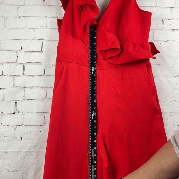 DO + BE Jumpsuit Womens M Red Christmas Paint Suit Romper Wide Leg Ruffles Sexy - Picture 10 of 13